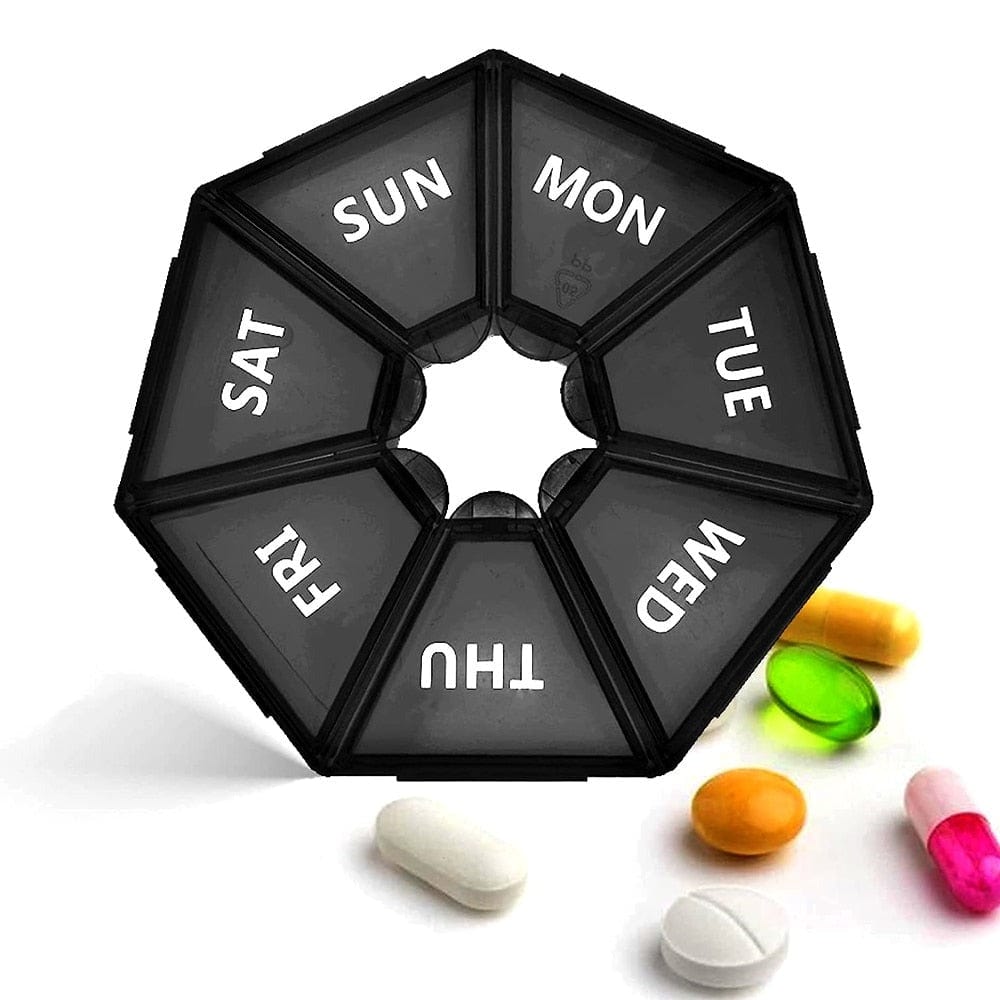 Black 7-sided Weekly Pill Organizer displaying the bold weekday initials printed on each compartment.