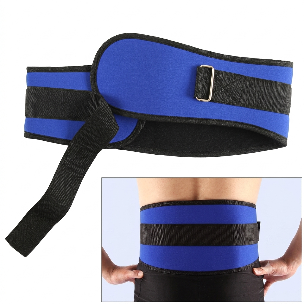Front view of the blue Weight Lift Strap showcasing its wide lumbar support panel and heavy-duty metal tension buckle.