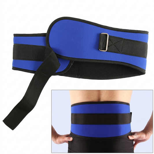Front view of the blue Weight Lift Strap showcasing its wide lumbar support panel and heavy-duty metal tension buckle.