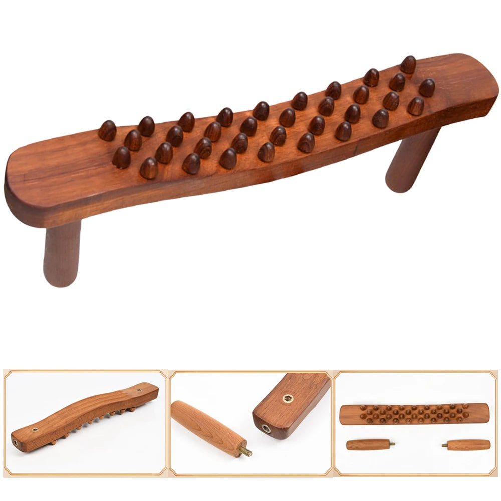 Wooden massage tool with raised knobs on a white background
