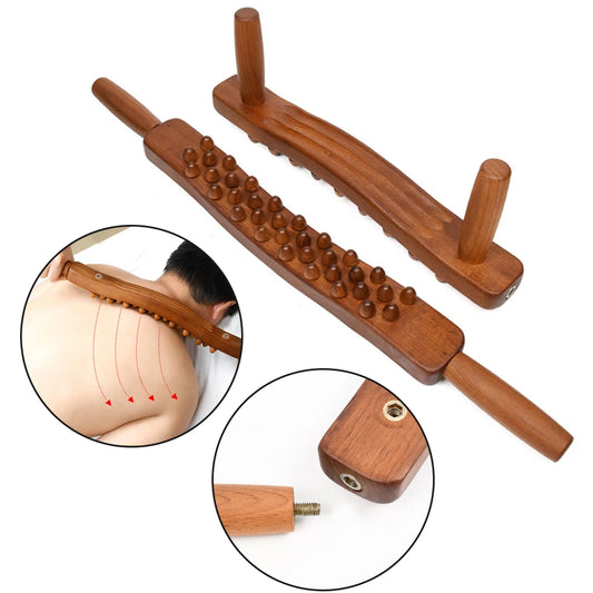 Wooden massage tool with rolling pins and close-up insets on a white background