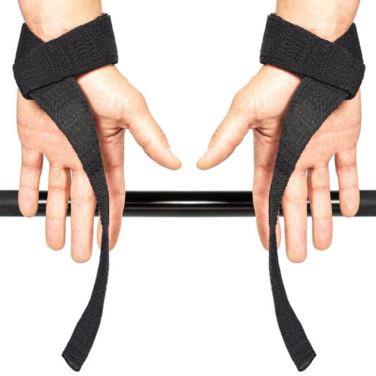 Pair of black Wrist Straps for Weightlifting showing their heavy-duty loop design wrapped around a barbell.