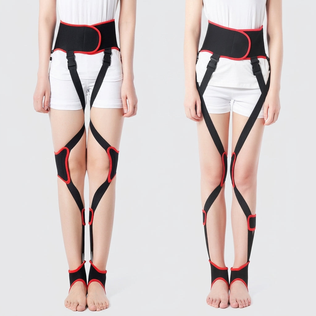 A side-by-side front and back view of a model wearing an X leg straightener belt.