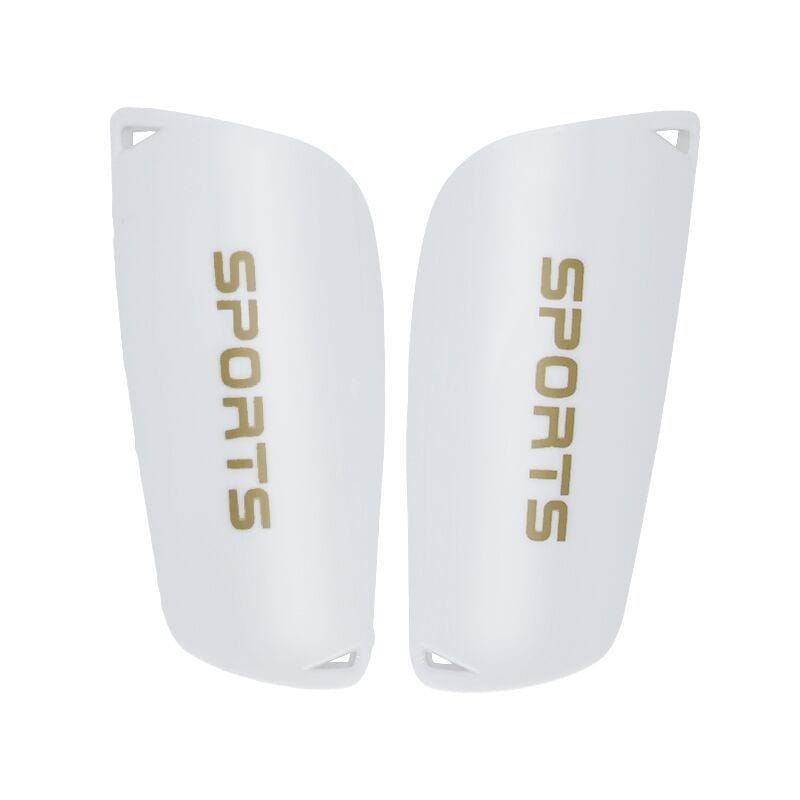 Pair of white Youth Soccer Shin Guards highlighting the clean ergonomic frame and "SPORTS" graphic print.