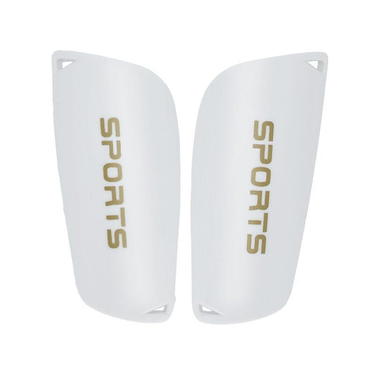 Pair of white Youth Soccer Shin Guards highlighting the clean ergonomic frame and "SPORTS" graphic print.