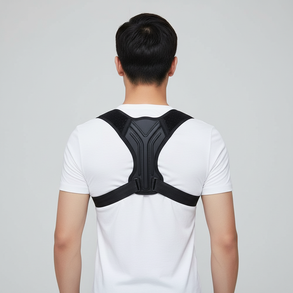A man viewed from behind wearing a lightweight posture corrector with breathable fabric over his shoulders, paired with a white t-shirt, against a light gray studio background.