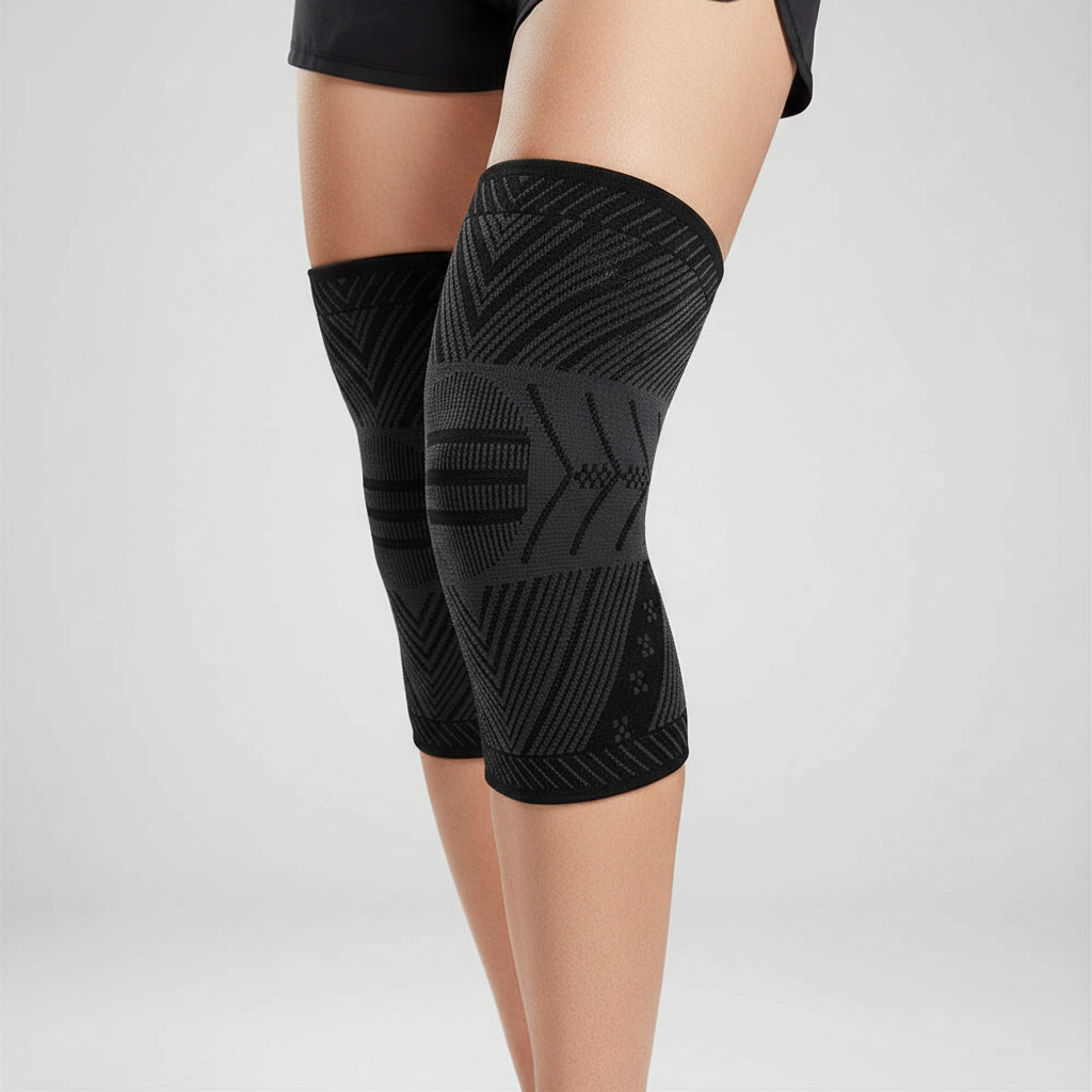 adjustable knee wrap for running with a textured geometric pattern, shown on a model's legs against a light gray studio background.