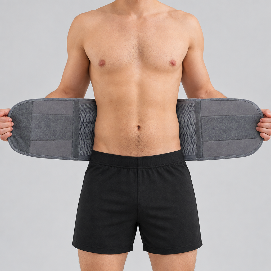 A man wearing adjustable lumbar support belt against a solid light gray background.