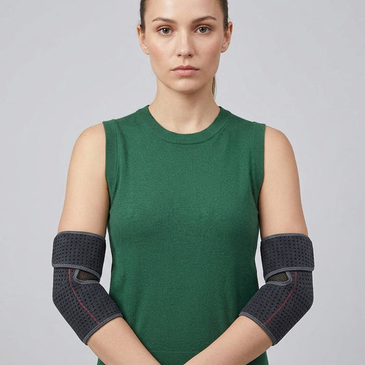 A woman wearing  a pair of adjustable neoprene elbow brace.