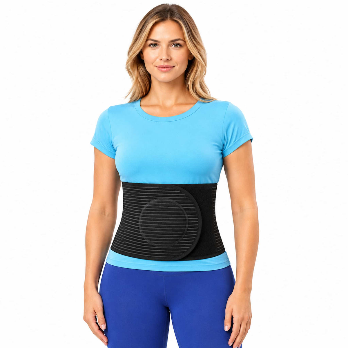 A woman modeling an adjustable umbilical hernia brace, set against a plain white background.