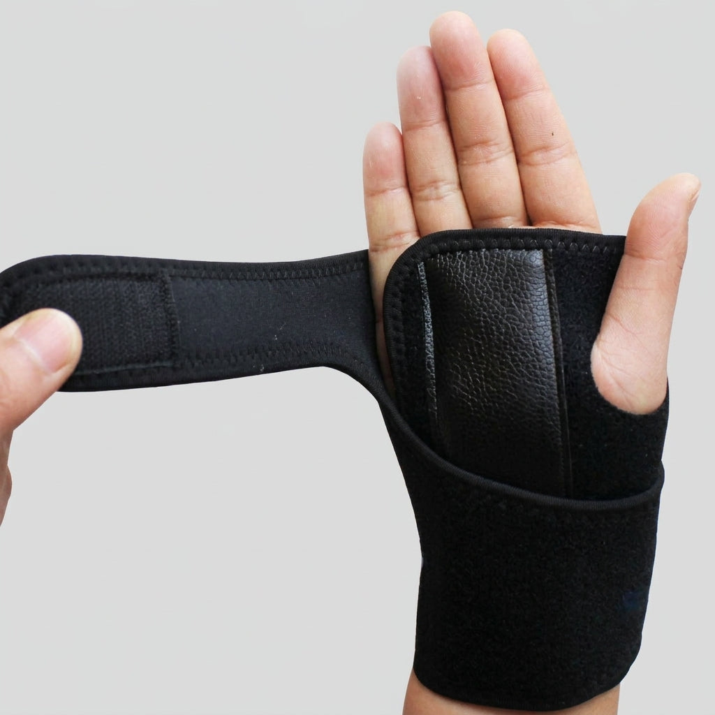 An adjustable wrist brace day night wear being worn on a hand, with one hand adjusting the strap against a plain light gray background.