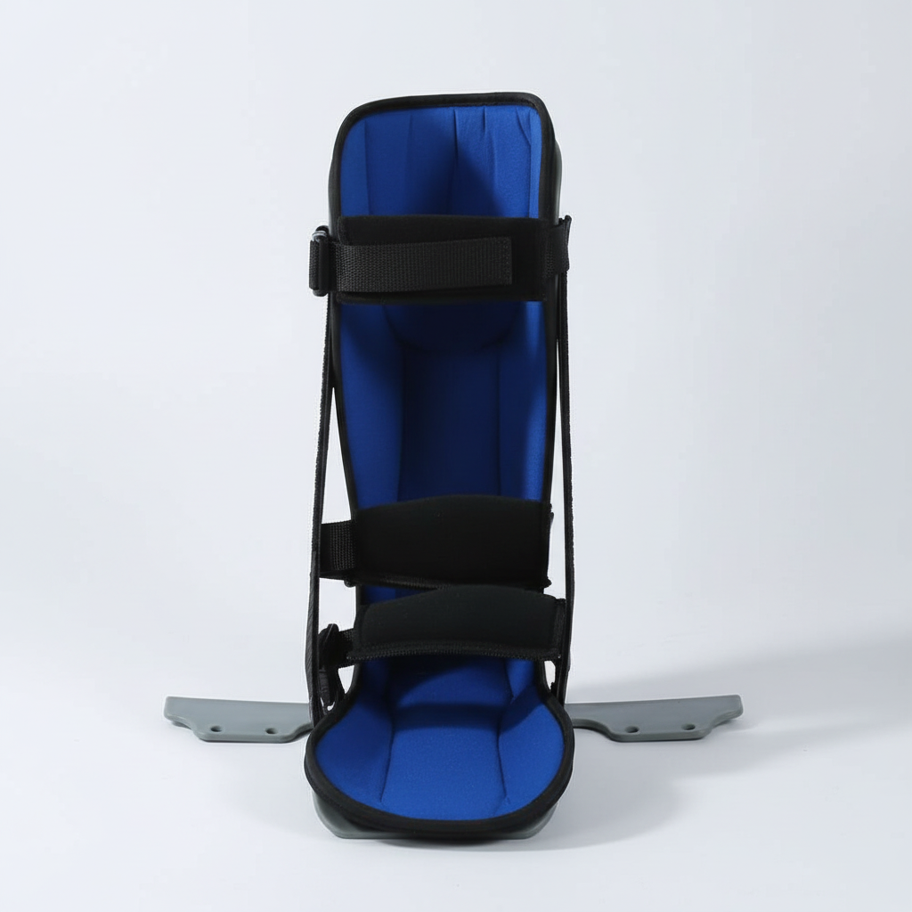 A blue and black ankle boot dual tension straps with gray metal foot plates on a light gray background.