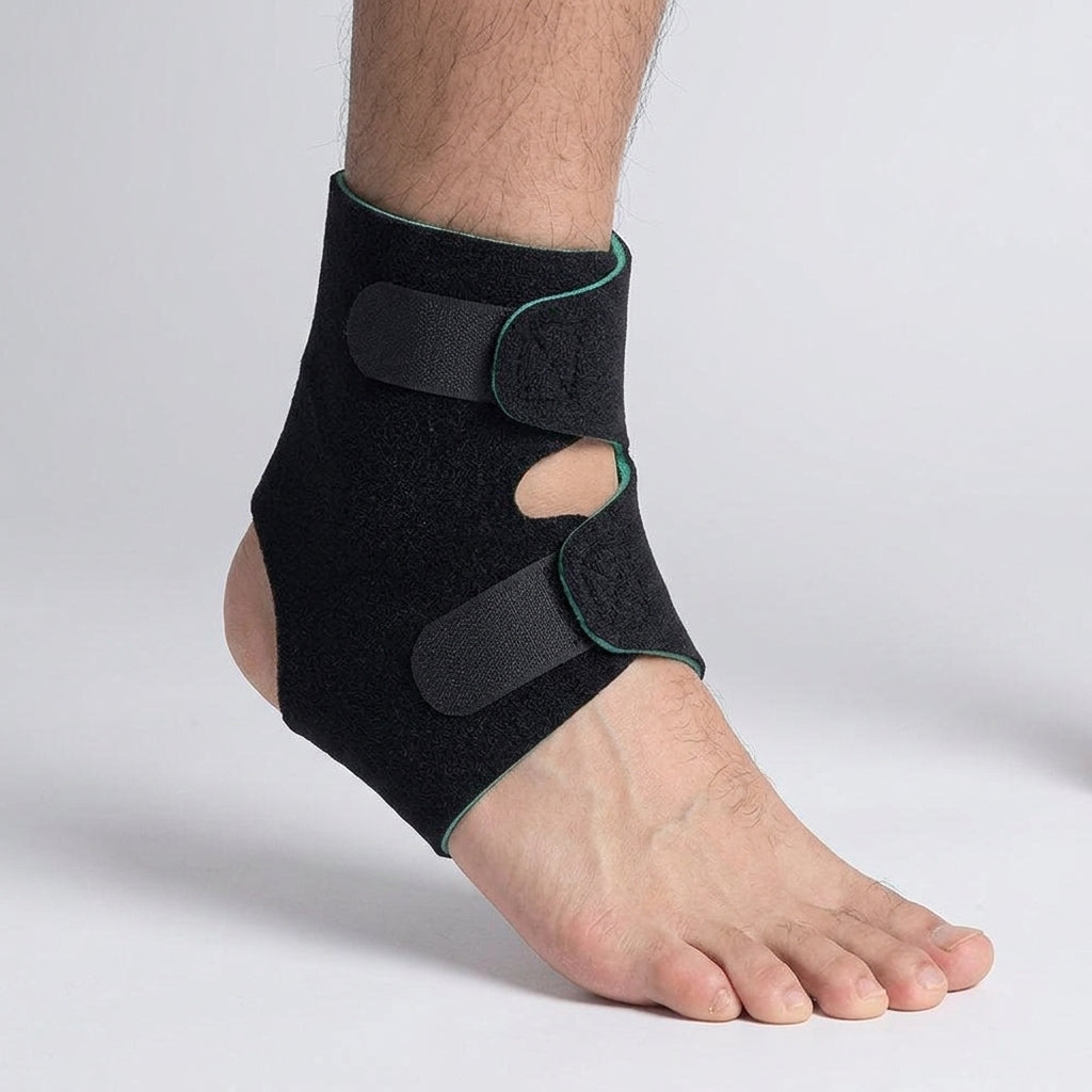 A black ankle brace chronic sprain prevention with green trim and hook-and-loop straps, shown worn on a person's ankle against a light gray studio background.