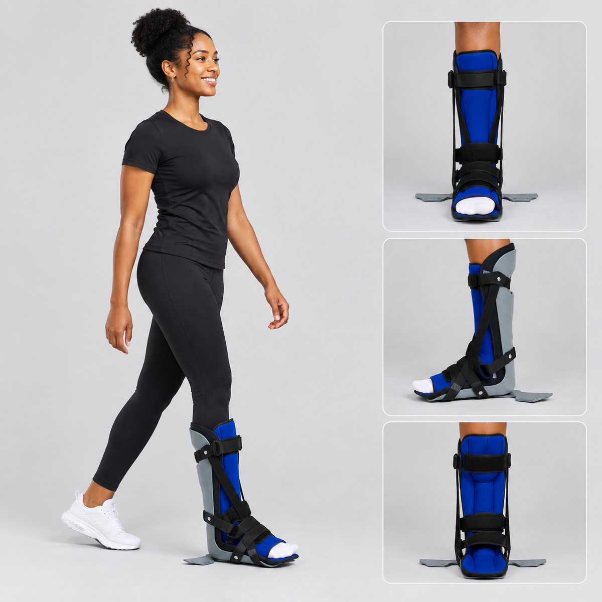 A woman modeling a blue and black ankle brace for fracture with foot plate on a light gray studio background, with three inset close-up views of the same boot from different angles.