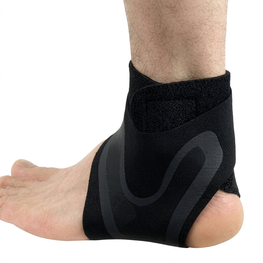 A black aankle brace for tendonitis shown worn on a person's ankle and foot against a plain white background.
