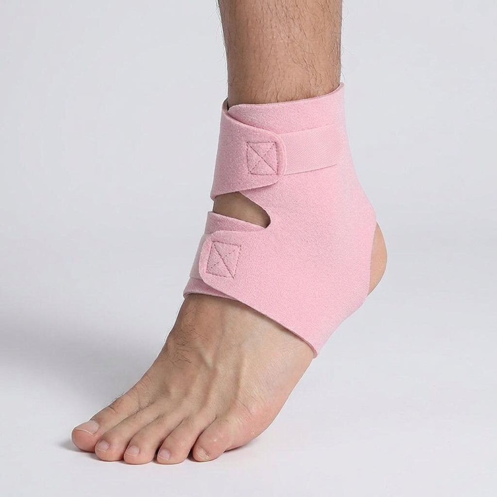 An ankle brace post surgery recovery shown on a person's ankle and foot, photographed against a clean light gray studio background.