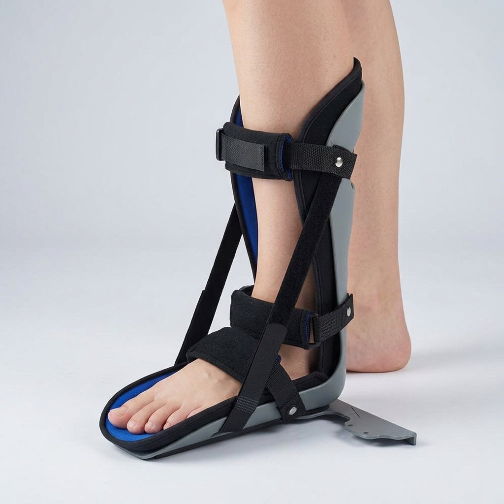 A lower leg and foot wearing a black and gray orthopedic ankle boot with blue padding, photographed on a light gray studio background.