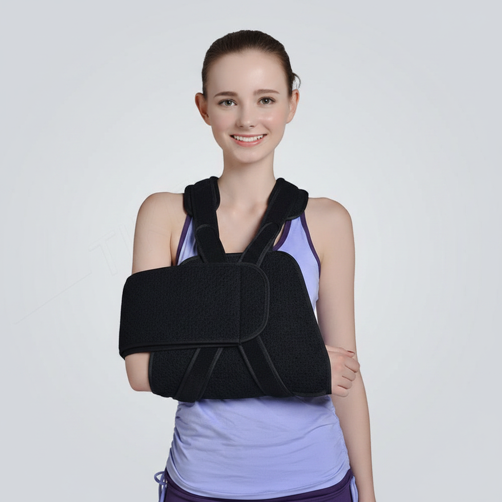 A woman wearing a black arm sling support over her shoulder and across her upper arm, shown against a plain light gray studio background.