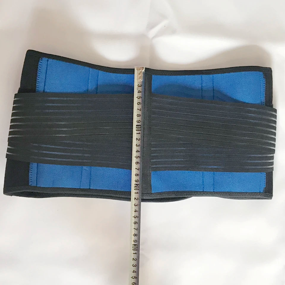 A back brace for overweight shown flat on a white background, with a measuring tape running vertically down the center to indicate dimensions.