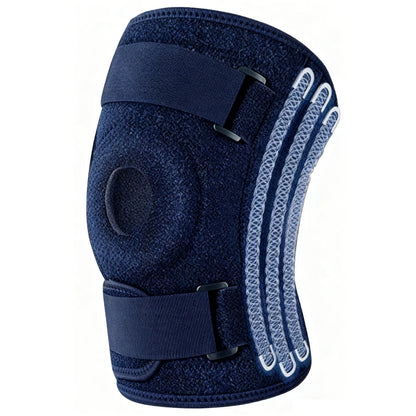 A navy blue bariatric knee sleeve with adjustable hook-and-loop straps and light gray textured side panels, shown on a plain white background.