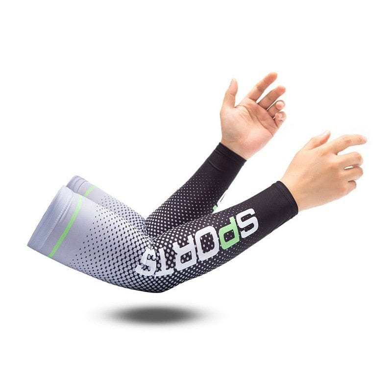 Side view of a gray basketball arm sleeve detailing its premium ice silk weave.