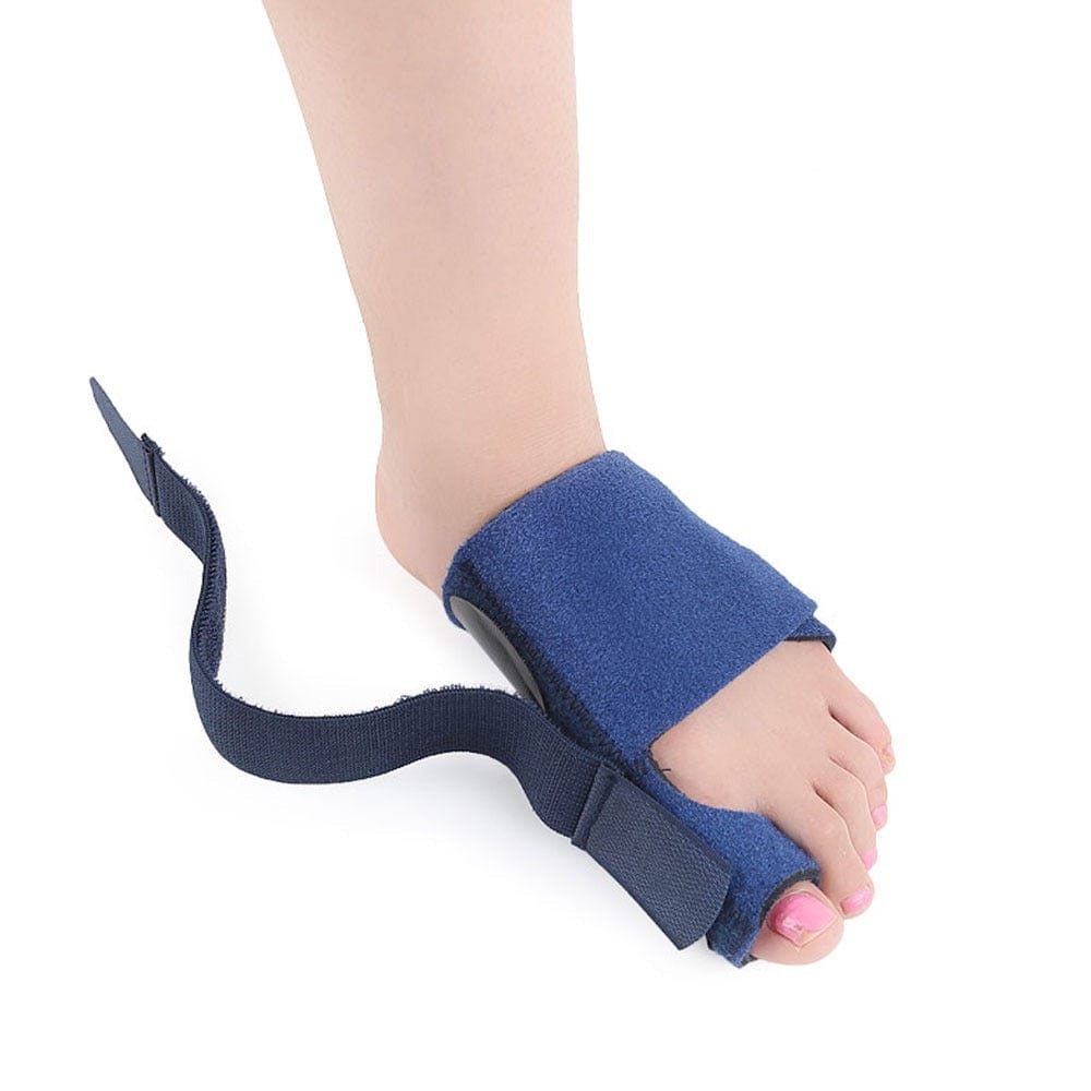 Side angle view of an adult wearing the big toe alignment corrector on their left foot.