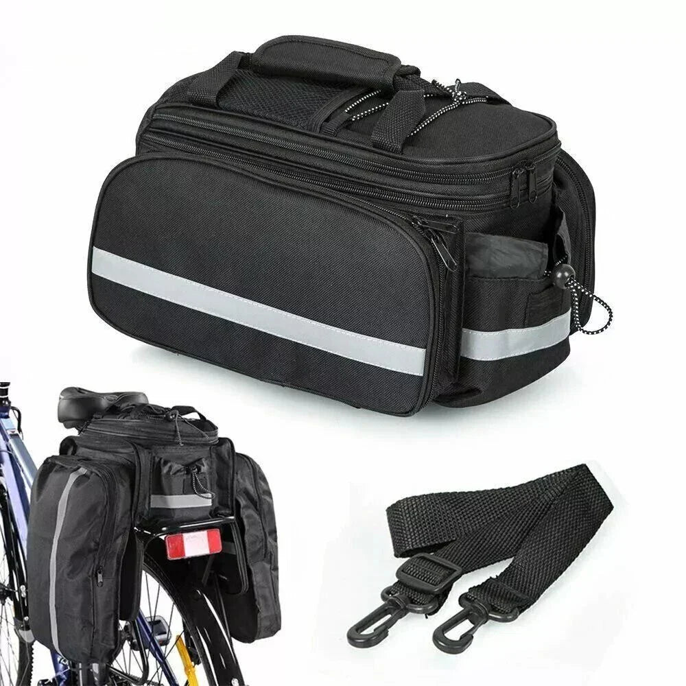 bike tail seat bag with reflective silver stripes, shown on a white background with a smaller inset of the bag mounted on a bicycle and a separate black carrying strap below.