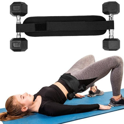 A woman performing comfortable, weighted hip thrusts using a black pelvic protection pad.
