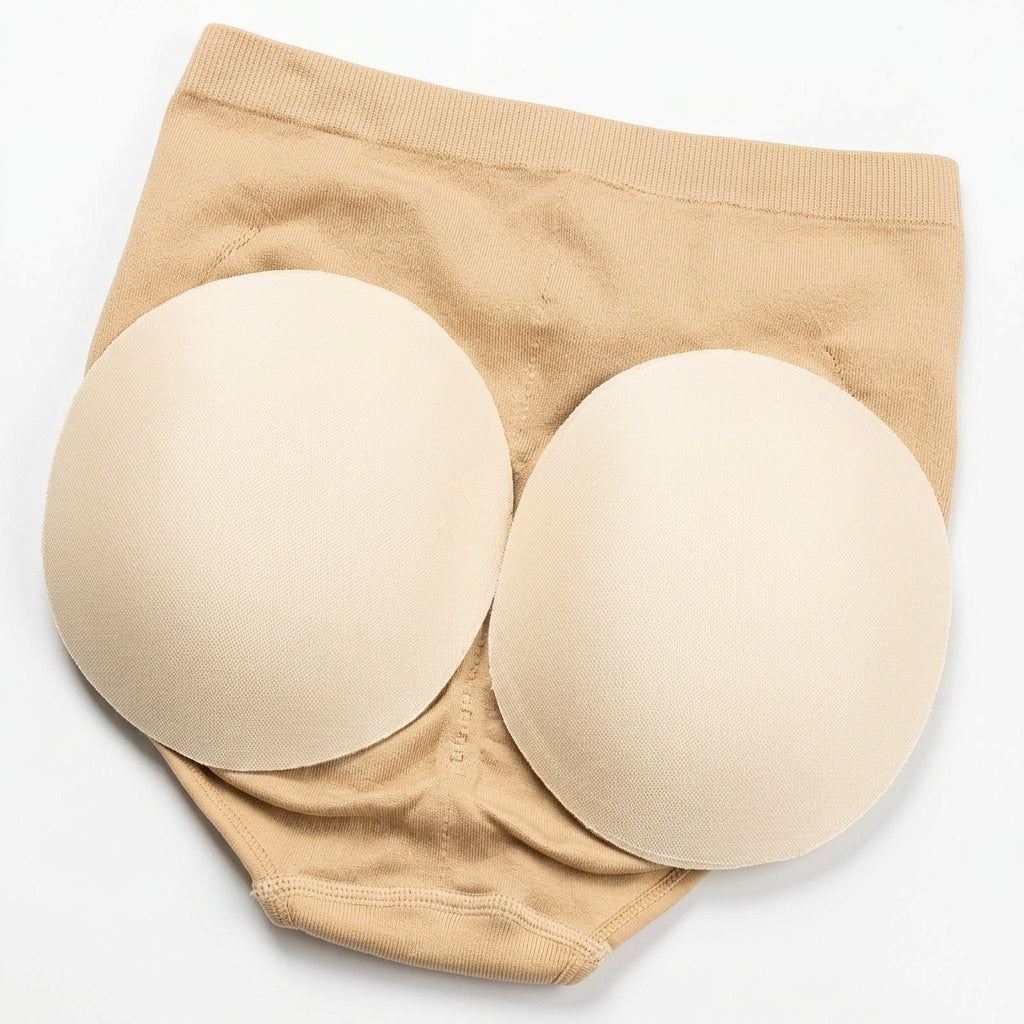 Beige booty enhancer underwear with two large round adhesive nipple covers attached, photographed on a clean white background.