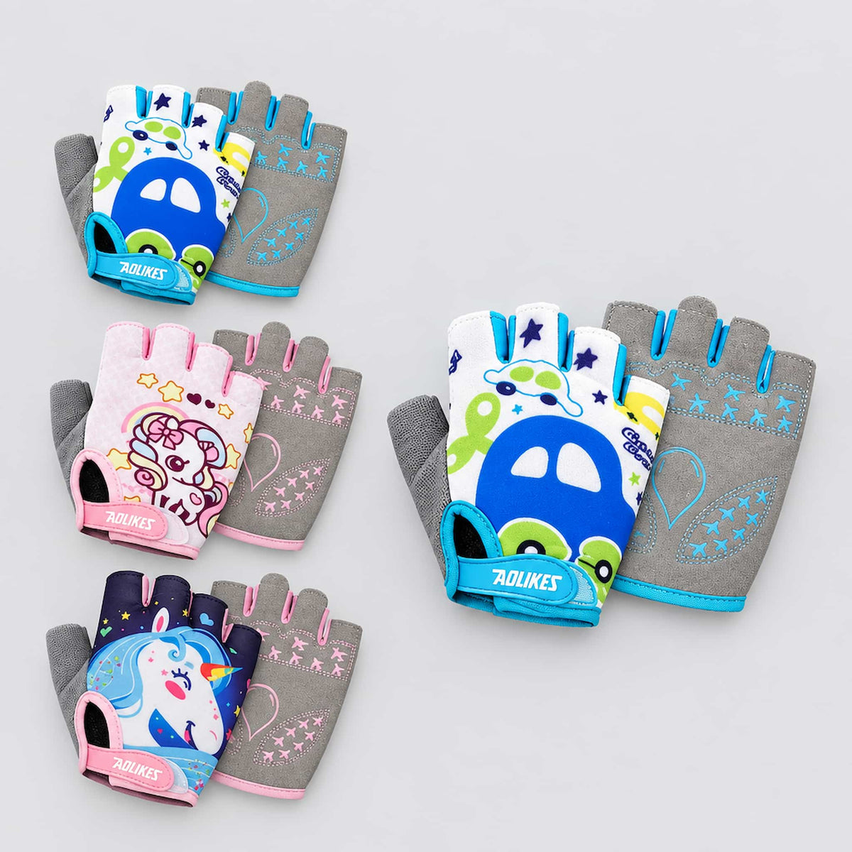 Six pairs of breathable kids bike gloves arranged on a light gray background. 