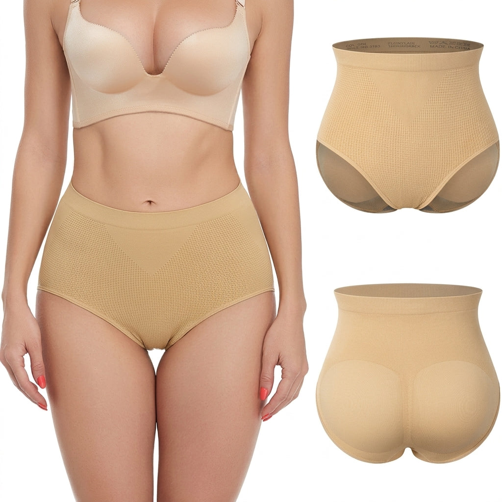 A model wears a butt lifter panties, with two additional views of the shapewear briefs shown on the right against a plain white background.
