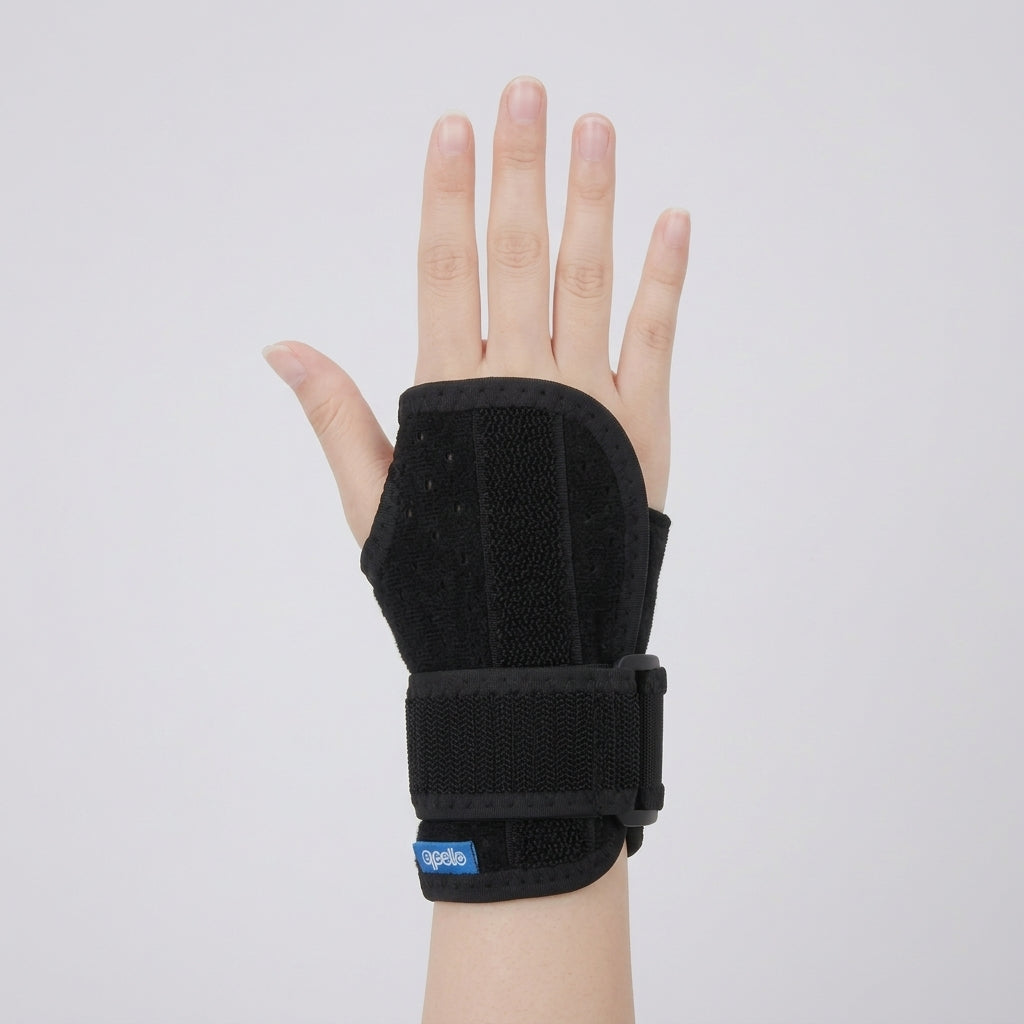 A carpal tunnel wrist splint with hook-and-loop straps, shown worn on a person's hand against a light gray background.