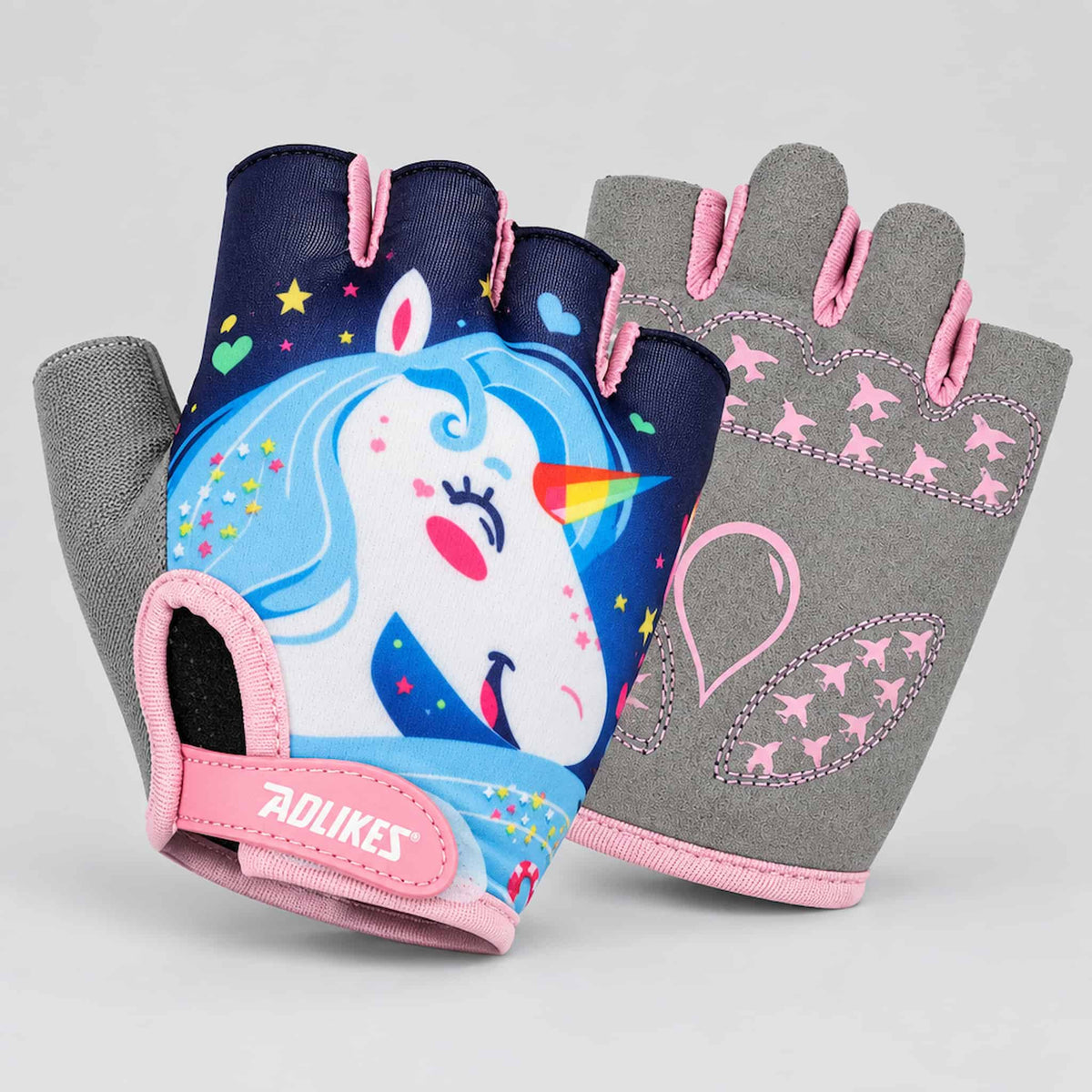 A pair of children's fingerless cycling gloves on a light gray background. 