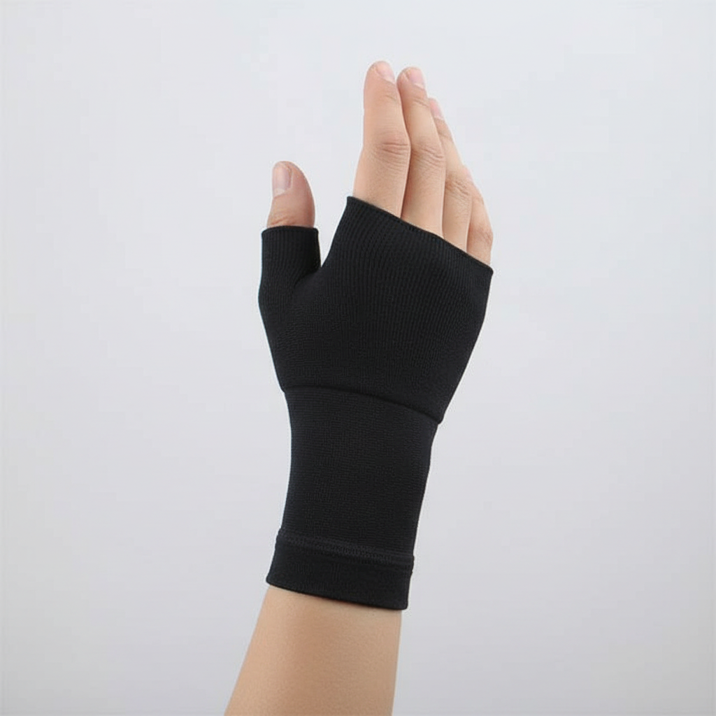 A black fingerless compression wrist sleeve worn on a person's hand, shown against a plain light gray background.