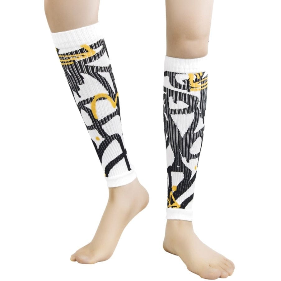 Front view of white compression calf sleeves detailing the tight nylon spandex weave.