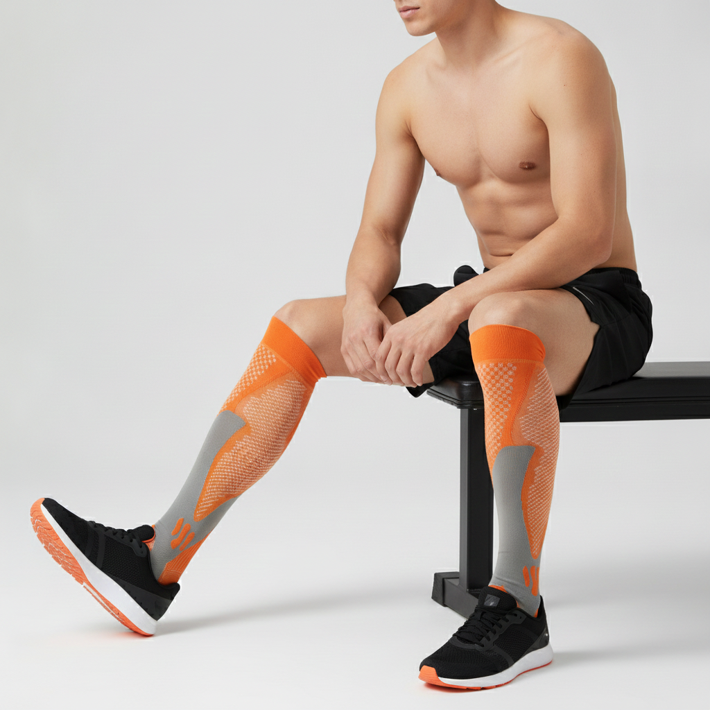 A shirtless male model sits on a black bench wearing bright orange and gray compression calf sleeves and black athletic shoes against a light gray studio background.