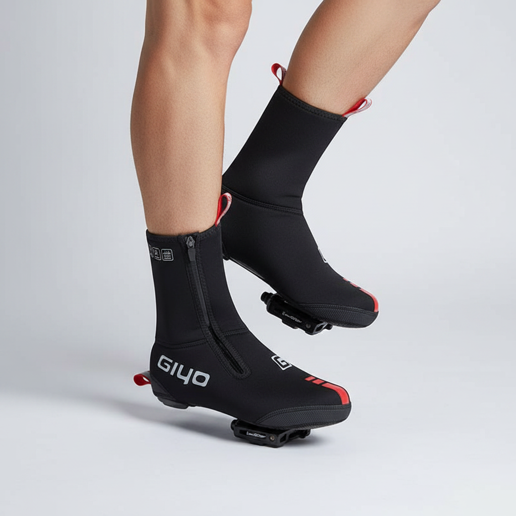 Cycling overshoes winter thermal fleece lining shown on a model's legs against a light gray studio background.