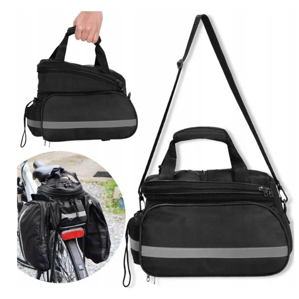 Black cycling trunk bag with a reflective gray stripe, shown in multiple views: one being held by a hand, one with the long shoulder strap extended, and one inset on a bicycle rack outdoors.