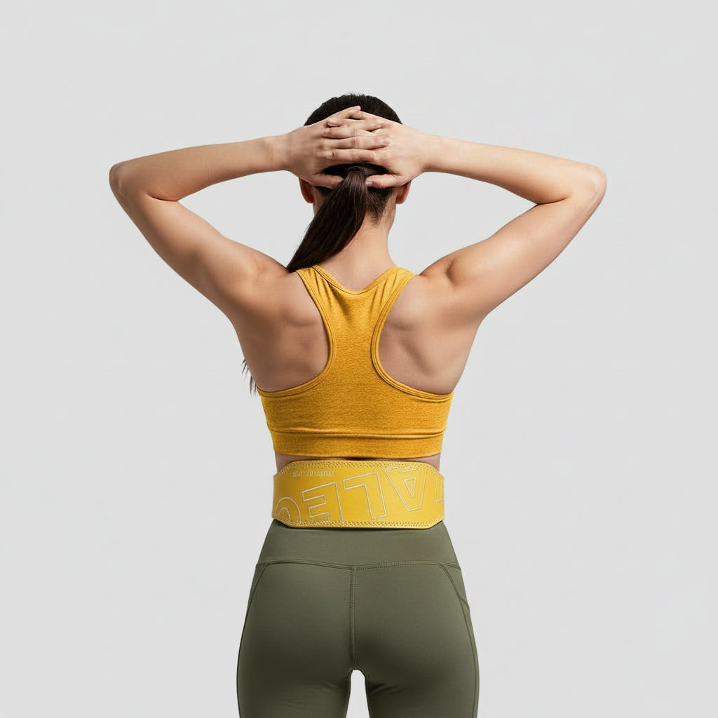 A woman shown from behind wearing a yellow deadlift belt lower back.
