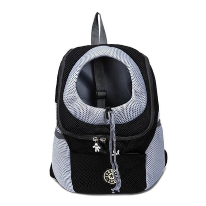 Front view of the black Dog Carrier Bag highlighting the circular mesh window and secure drawstring neck opening.