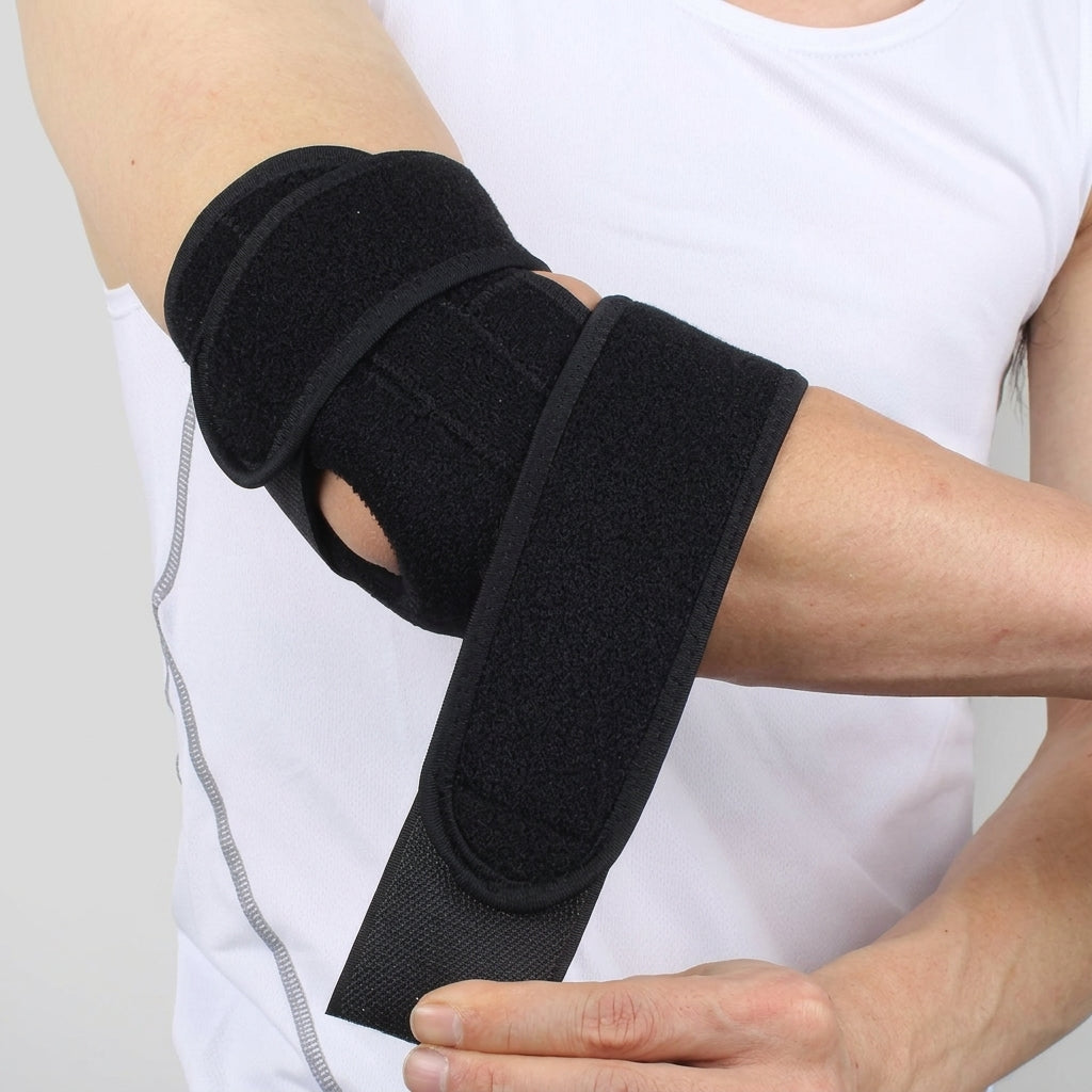 A person wearing a elbow brace acute chronic pain, shown against a plain light gray background.
