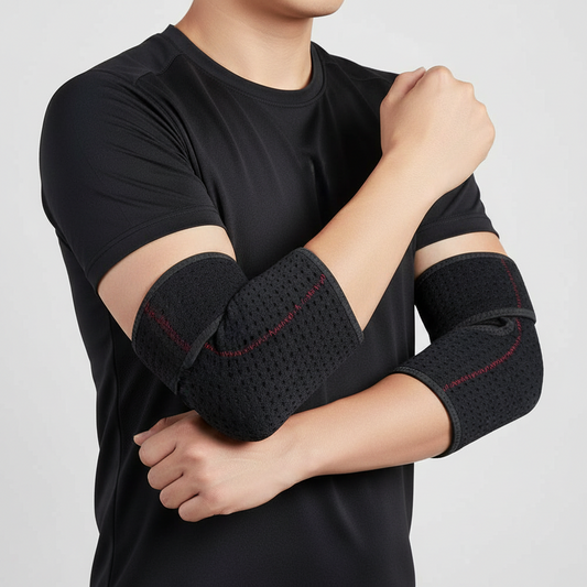 A person wearing black elbow brace acute chronic pain with red stitching, shown from the chest down against a light gray studio background.