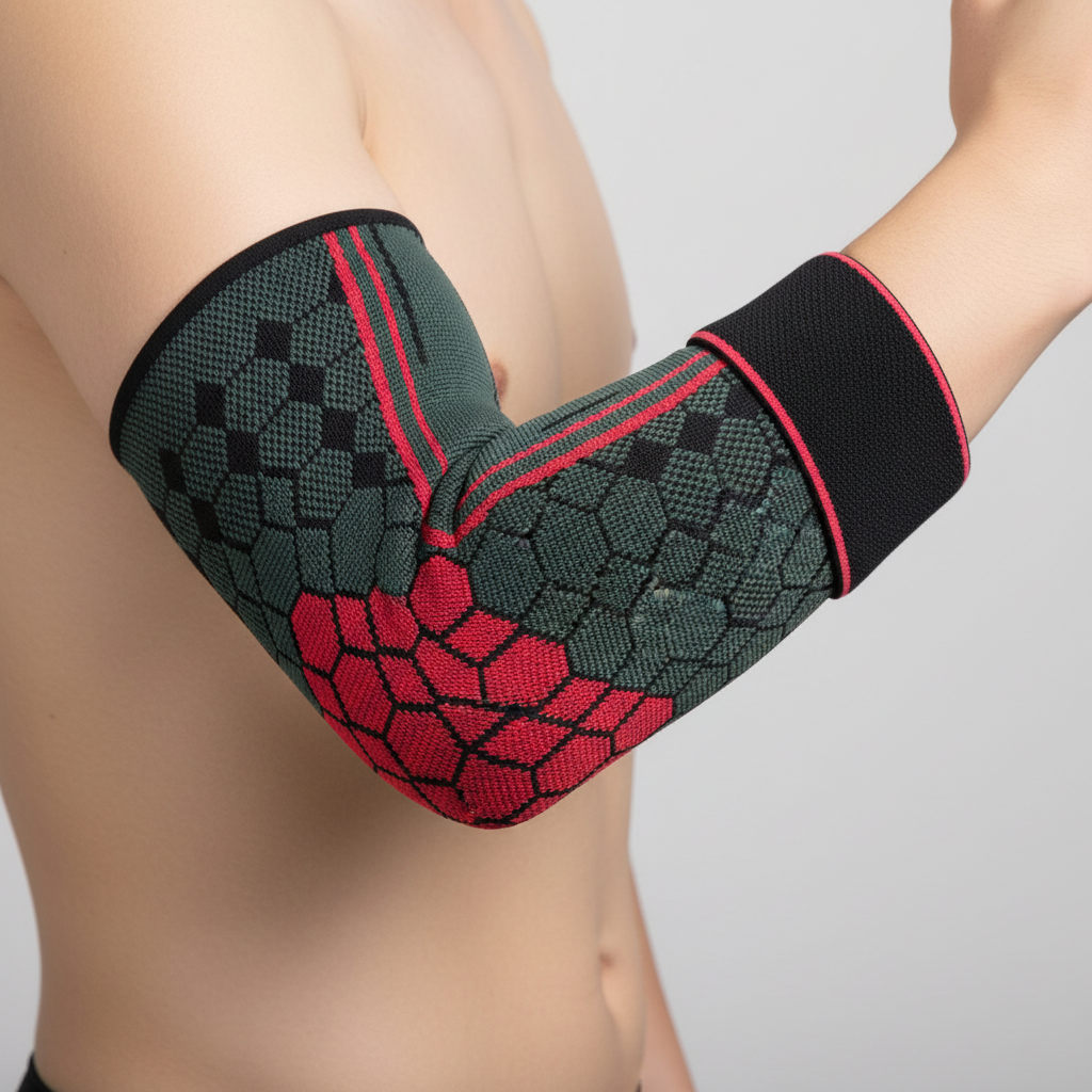 A close-up of a person's upper arm wearing a elbow brace for bursitis with a black and dark green pattern and red accents, set against a plain light gray background.