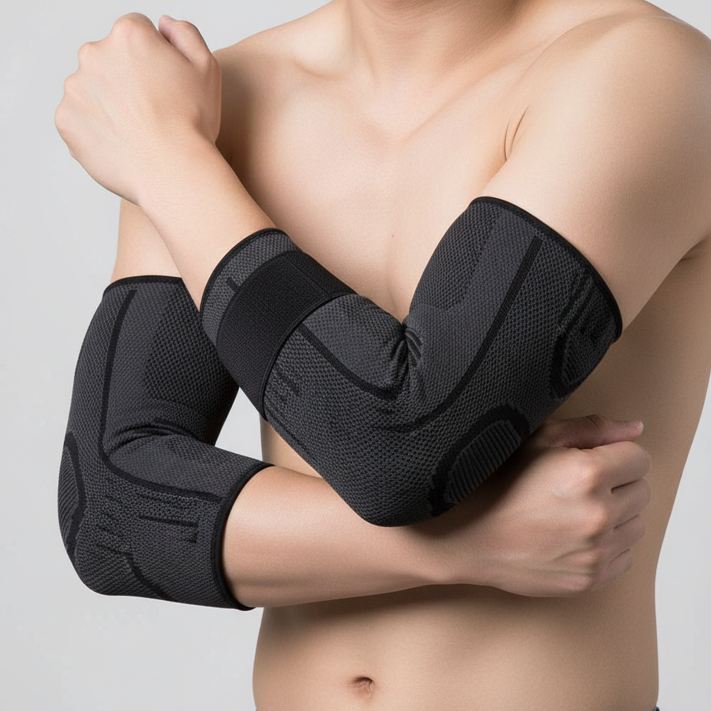 A close-up of a person's upper torso and arms wearing elbow brace for golfers elbow with mesh panels and elastic bands, shown against a light gray studio background.
