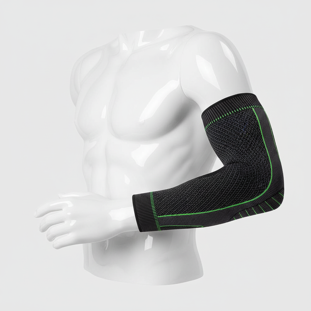 A black elbow brace nylon spandex silicone with bright green stitching, shown on a white male torso mannequin against a light gray studio background.