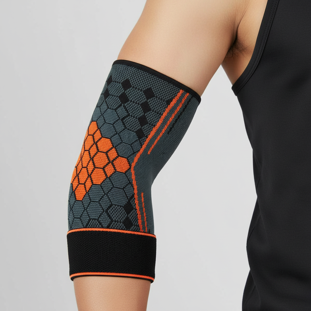 A close-up of a person's forearm wearing a black and gray elbow brace pain relief with bright orange hexagonal accents and orange trim, paired with a black tank top against a light gray background.
