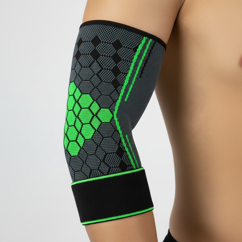A close-up of a person's forearm wearing a elbow brace sprain prevention with bright green geometric patterns and accents, set against a light gray background.