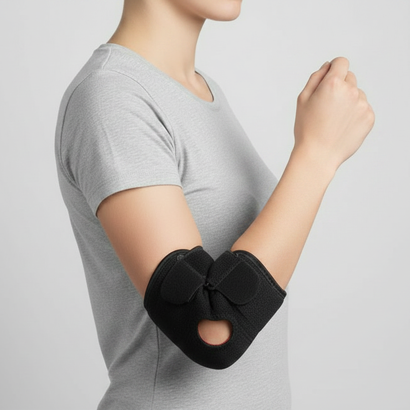 A person wearing a light gray t-shirt models a black elbow bursitis brace set against a plain light gray background.