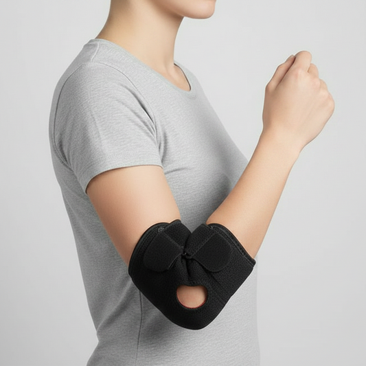 A person wearing a light gray t-shirt models a black elbow bursitis brace set against a plain light gray background.