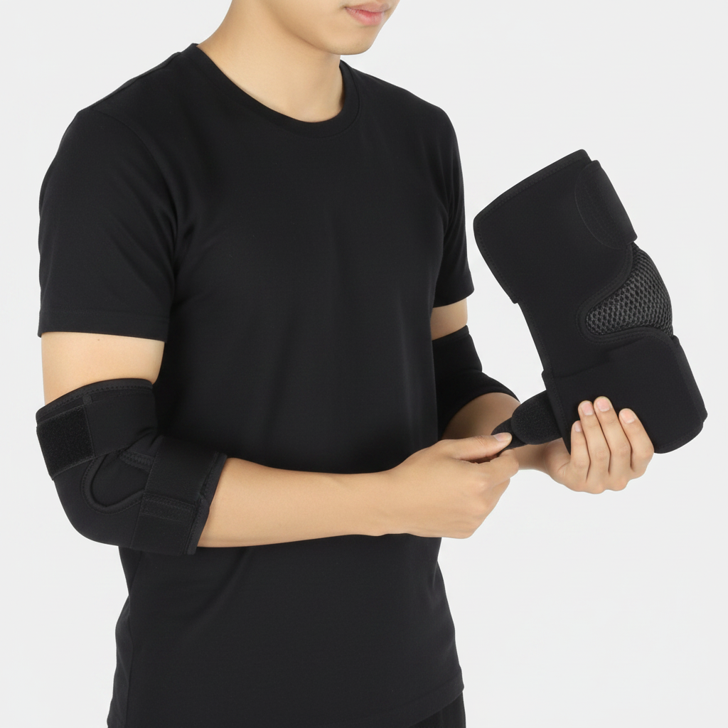 A person wearing a elbow bursitis pad.